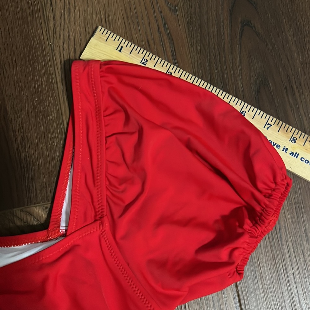 NWOT Red bikini top Square Neck Puff Sleeves Adjustable tie back bathing suit - Picture 6 of 10